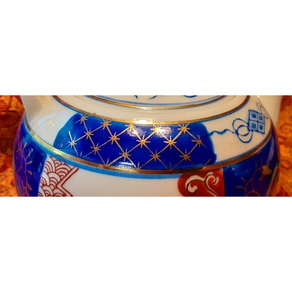 Vintage Japanese Asian Imari Blue White Purple Green Gold Teapot Teacups Set - Picture 10 of 10